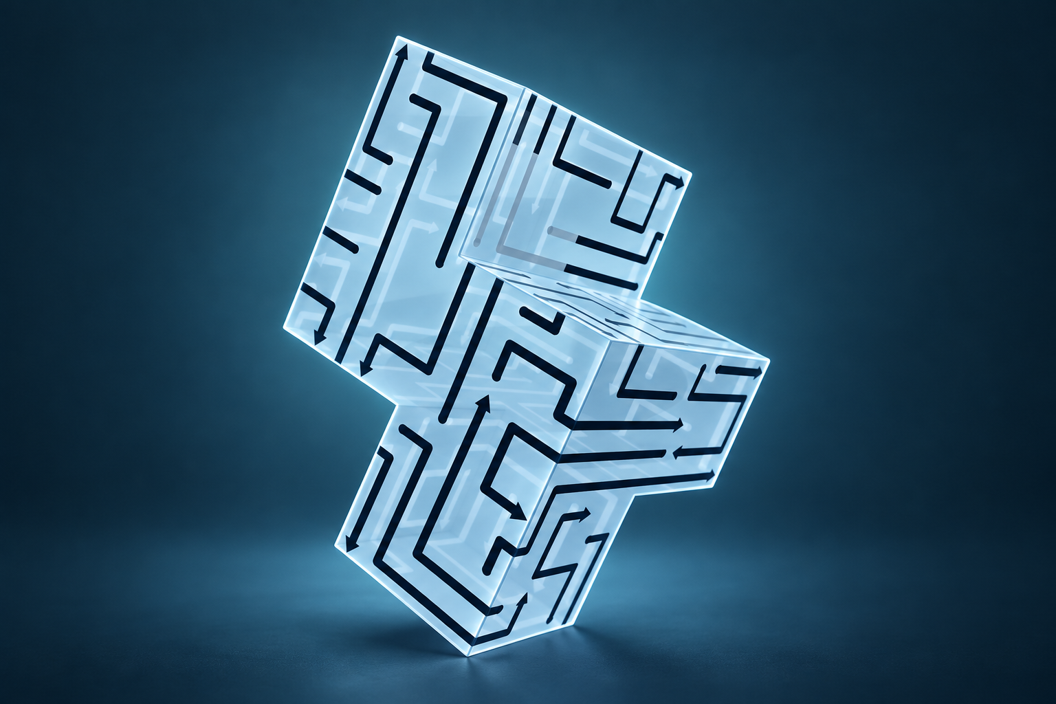 Promotional illustration of a stepped translucent ice-blue ArrowDash puzzle shape with black angular arrow paths against a deep blue background