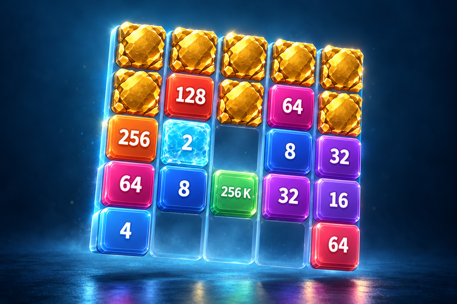 NumCascade concept illustration with colorful numbered tiles, golden rock blockers, and an icy cyan tile on a dark blue background